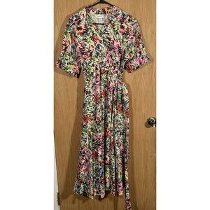 JG Hook Women's 12P Linen Maxi Dress Faux Wrap Colorful Artsy Unique Maximalist